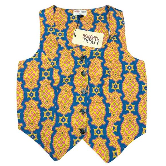 Bombay Paisley Ikat Buttoned Vest Top Cotton Linen Size XXS Boho Festival India - Picture 1 of 9